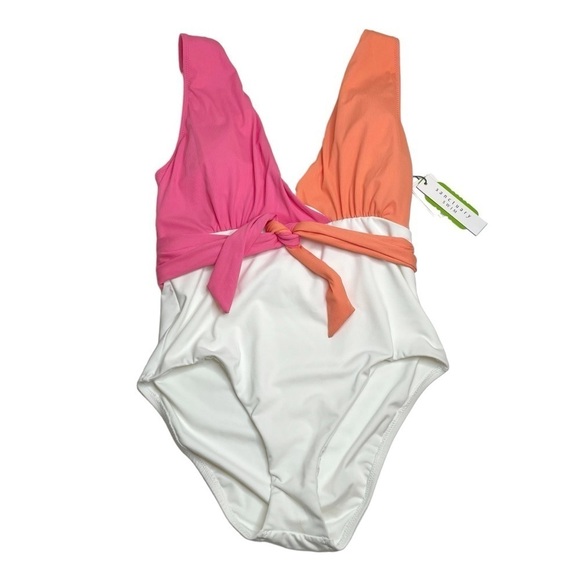 Sanctuary White Multi Colorblocked Tie Front One Piece Swimsuit Medium New - Picture 2 of 7